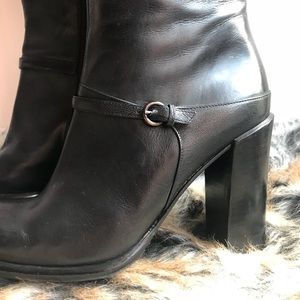Black Leather Via Spiga Knee Boots Stack Heel 8N